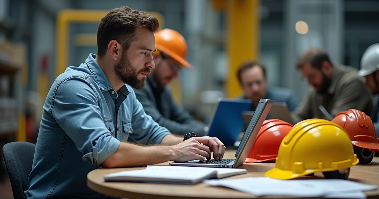 Homem estudando em ambiente industrial com equipamentos de segurança 