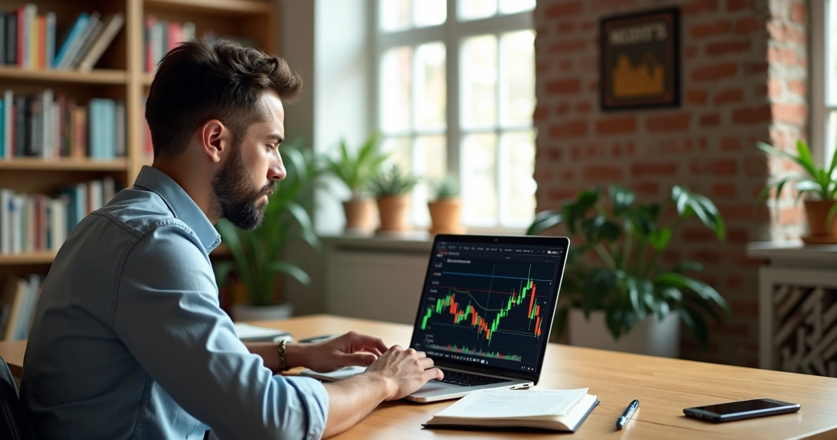 Homem estudando gráficos de Forex no laptop com caderno e anotações ao lado 