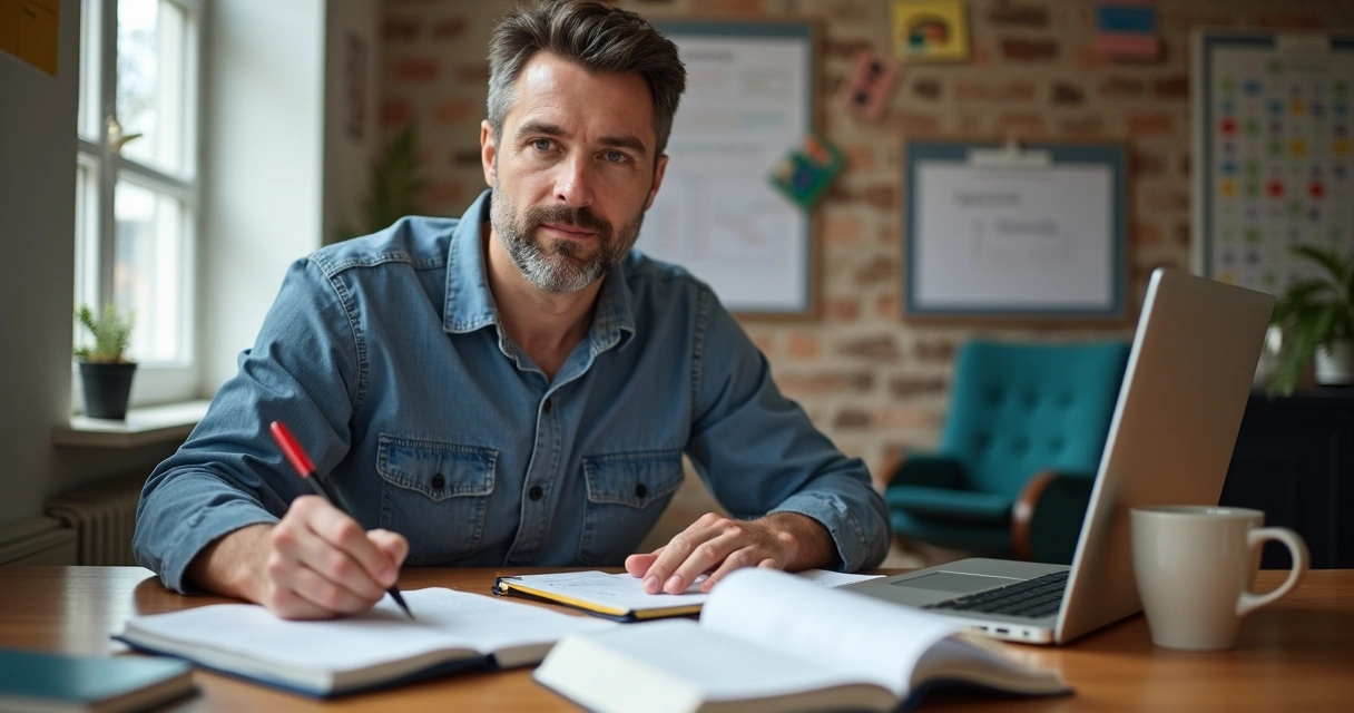Homem escreve em caderno enquanto usa notebook para estudar inglês 