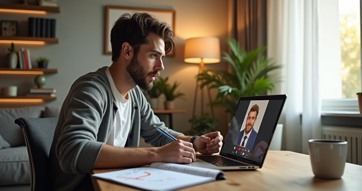 Homem praticando entrevista em inglês na sala de casa com laptop e anotações 