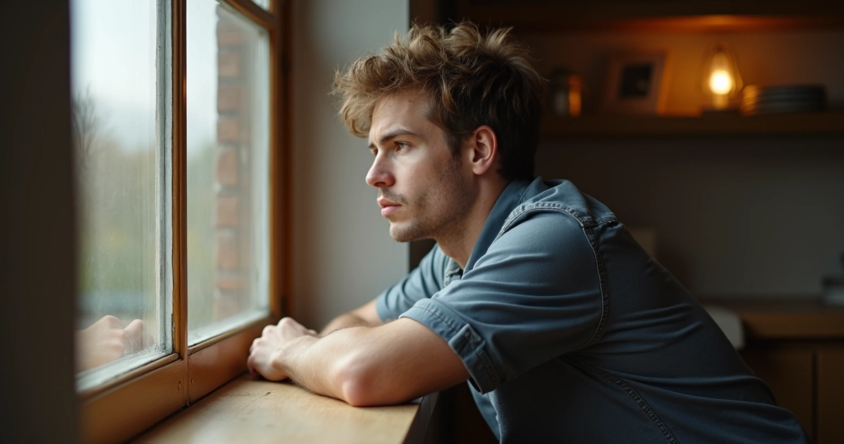 Homem de perfil olhando pela janela com semblante distante