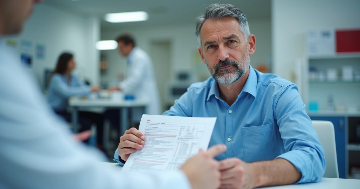 Homem consultando resultado de exame em laboratório