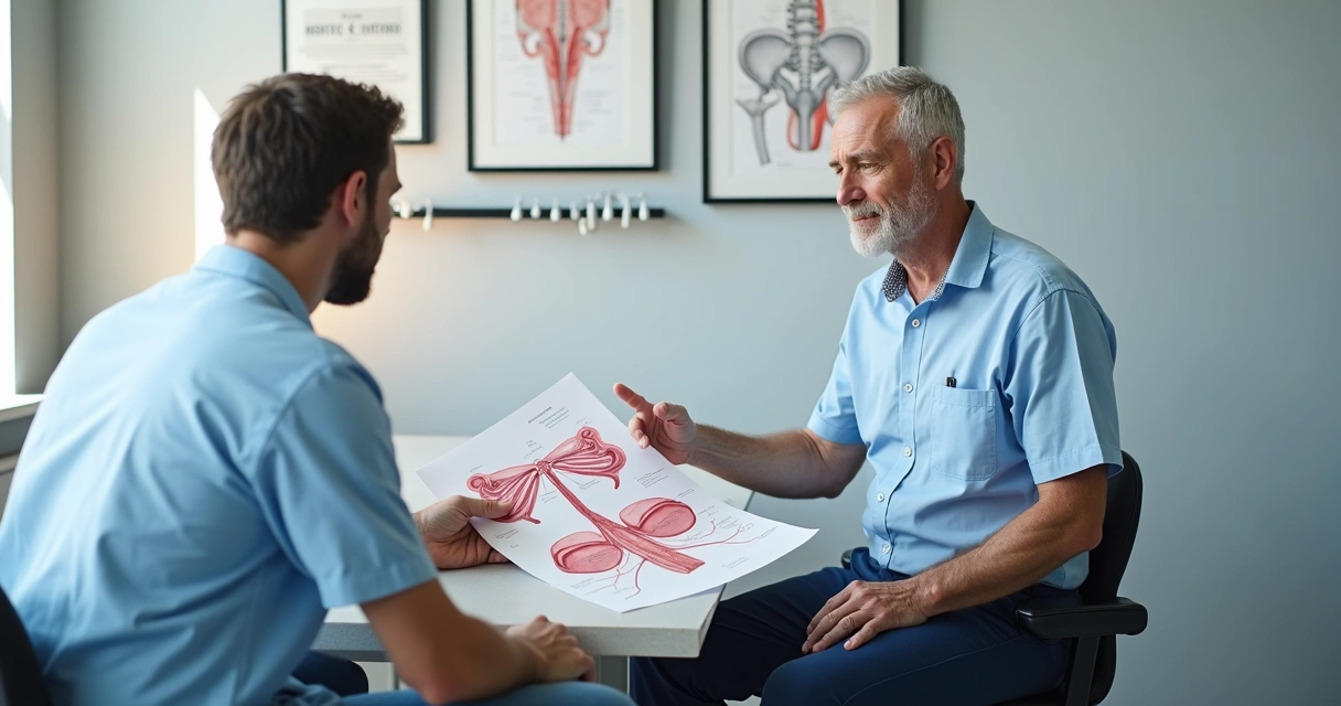 Homem em consulta médica, discutindo opções de correção peniana 