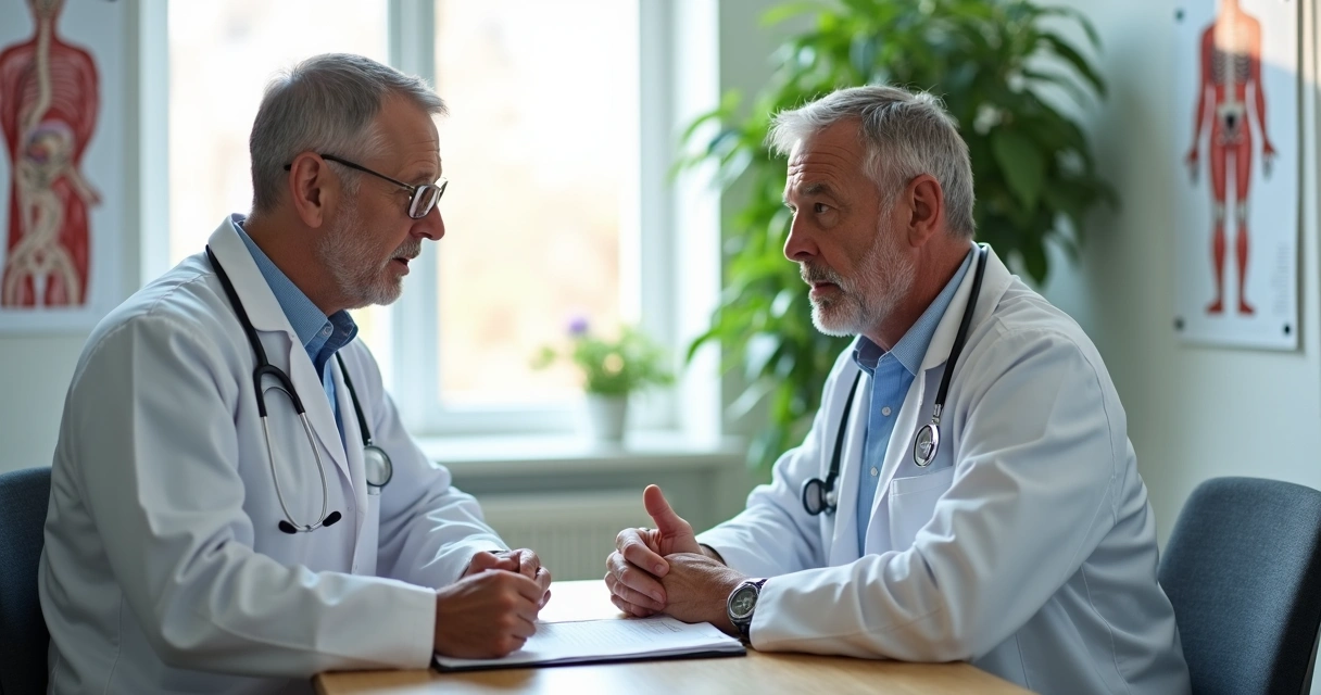 Homem de meia-idade conversando com médico durante exame preventivo 