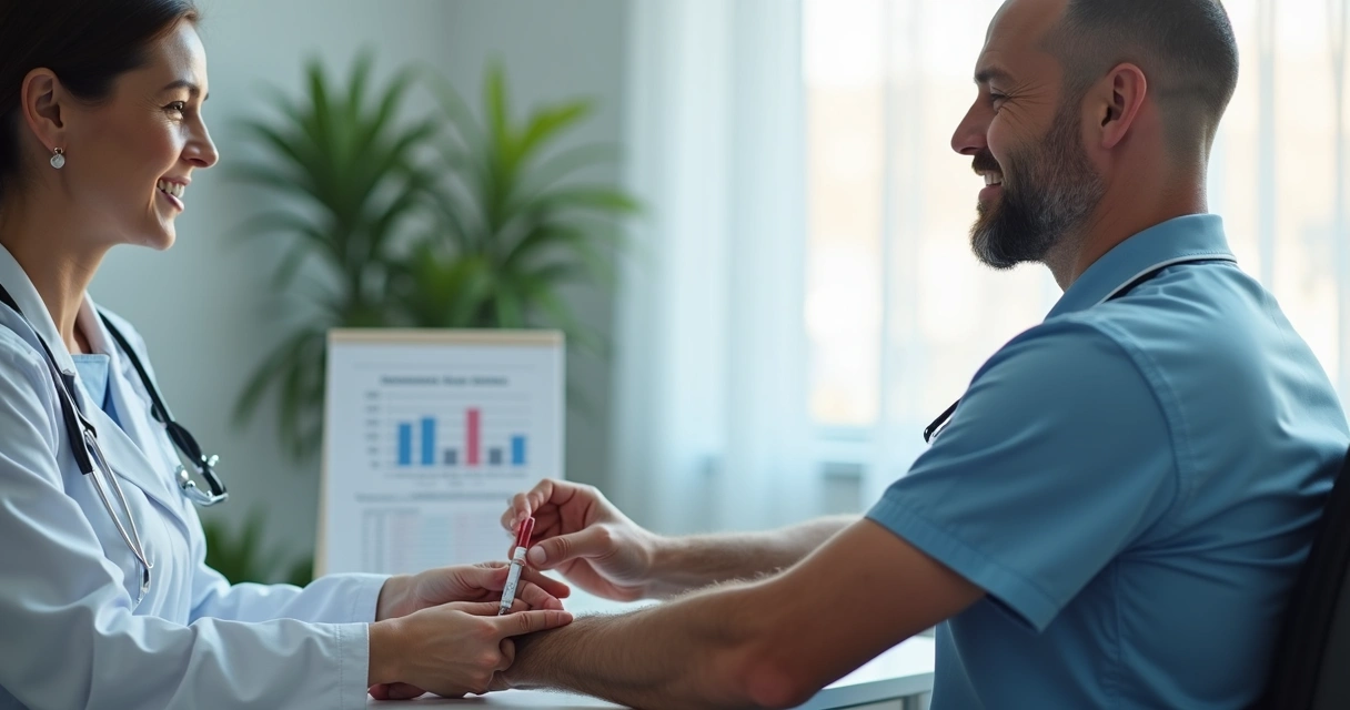Homem sentado em consultório realizando exame de sangue 