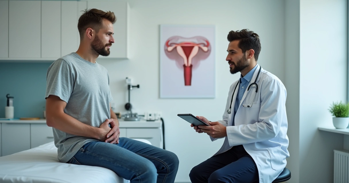 Homem em consulta médica recebendo orientação sobre exame dos testículos 