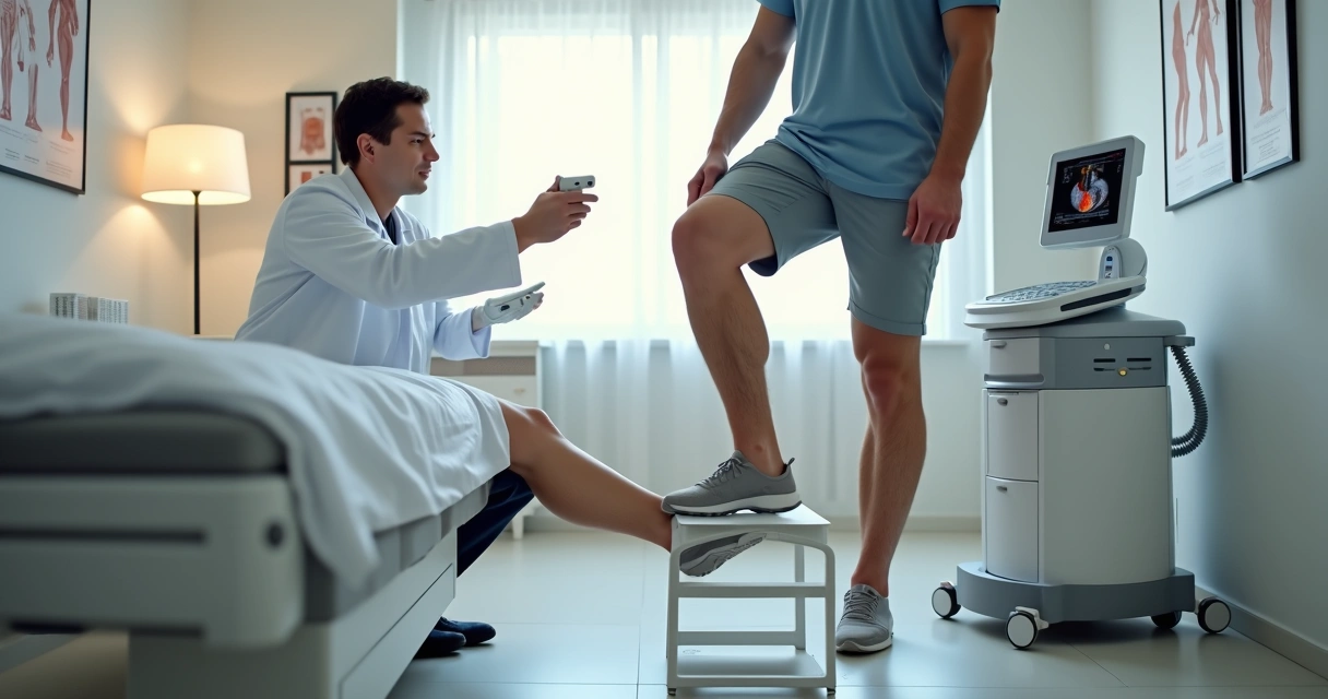 Homem em consulta avaliando varizes na panturrilha com médico vascular 