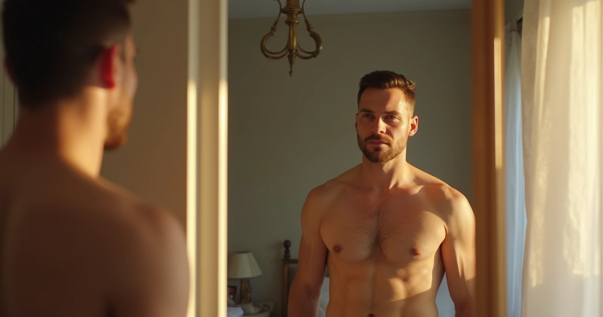 Homem adulto observa seu corpo em frente ao espelho. 