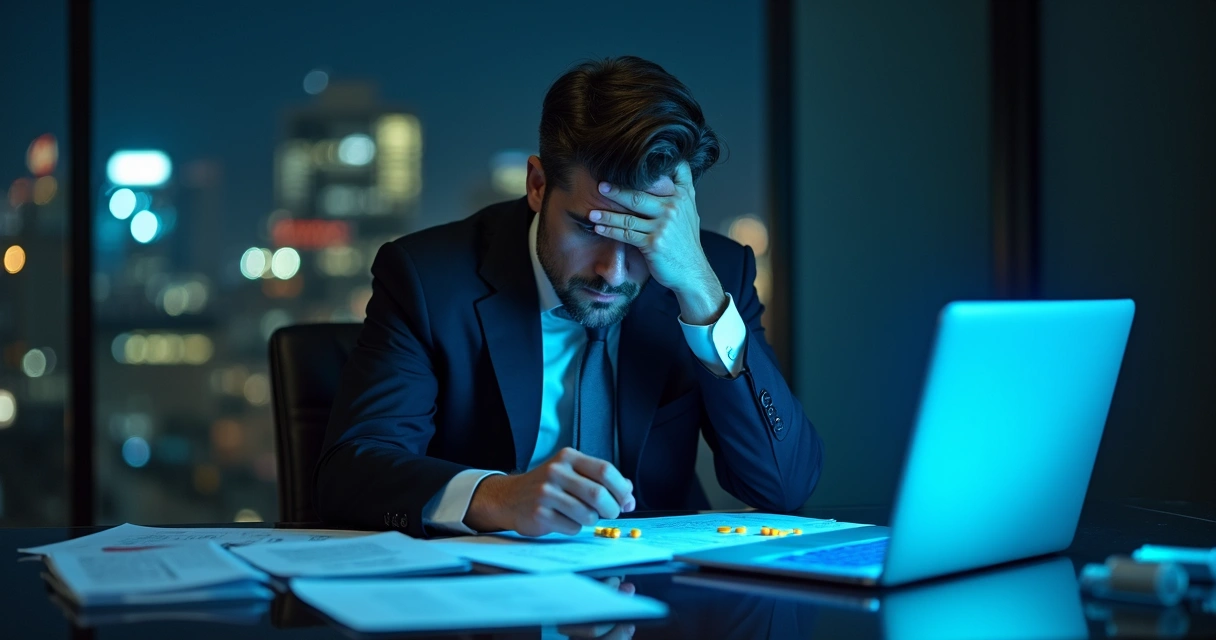 Homem executivo preocupado sentado em mesa de escritório 