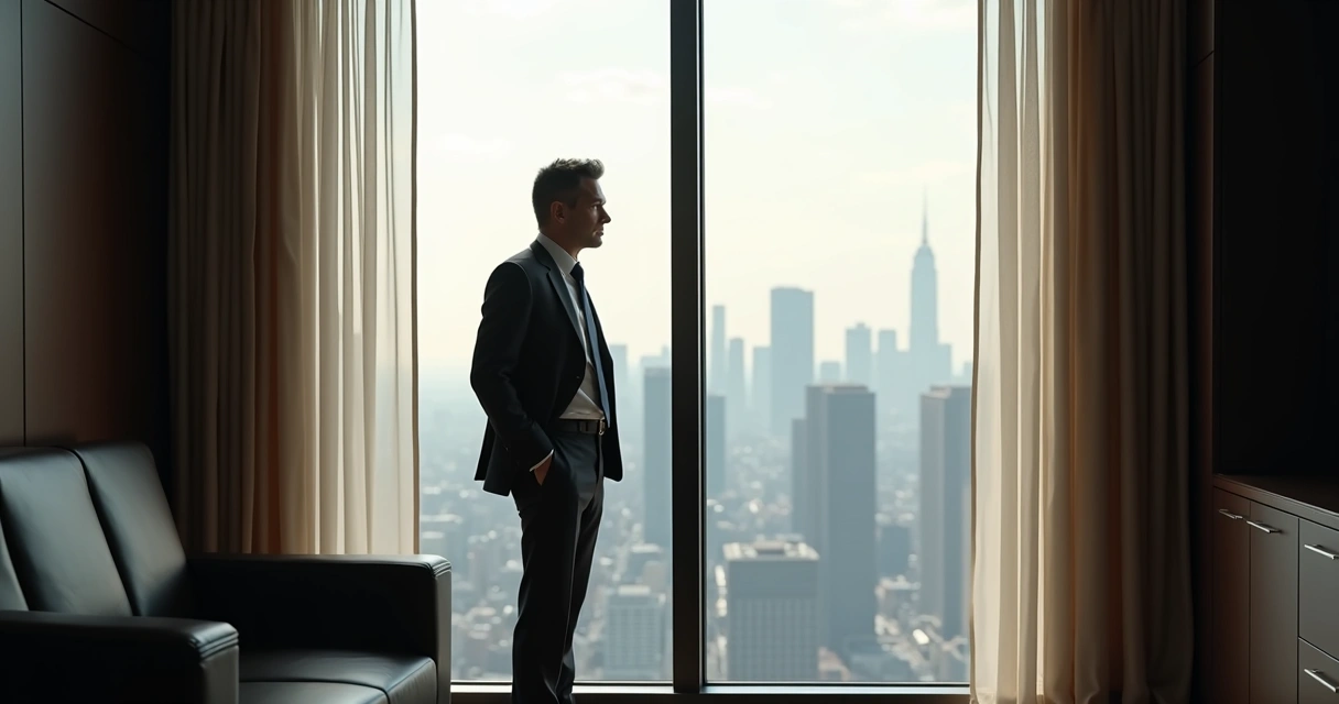 Homem executivo em ambiente moderno olhando pela janela com expressão pensativa 