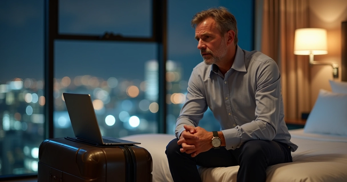 Homem de meia-idade em roupa social sentado na borda da cama, pensativo, com mala de viagem aberta e notebook ao lado 