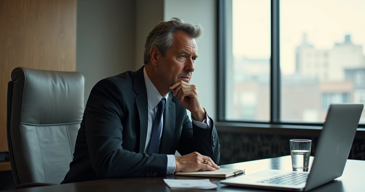 Homem executivo sentado em escritório moderno, expressão pensativa, ambiente sóbrio e iluminado, conceito de bloqueio sexual e pressão masculina 