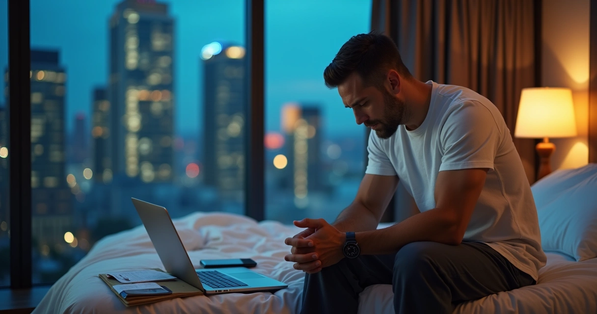 Homem executivo sentado na cama refletindo sobre saúde hormonal 