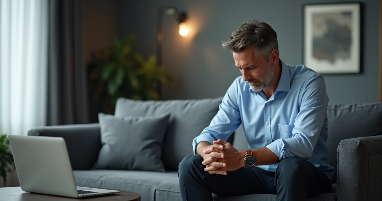 Homem adulto em roupa social sentado no sofá olhando para baixo em um ambiente moderno e discreto 