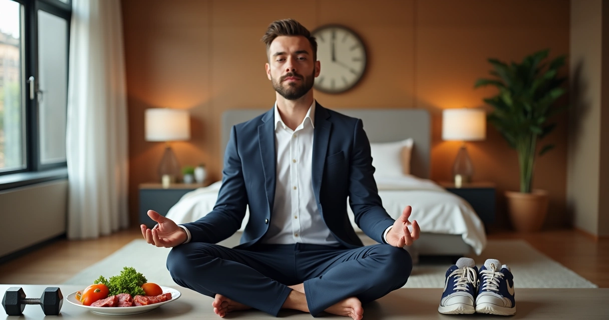 Homem executivo em ambiente sofisticado praticando meditação ao lado de elementos representando alimentação saudável, exercícios e sono de qualidade 