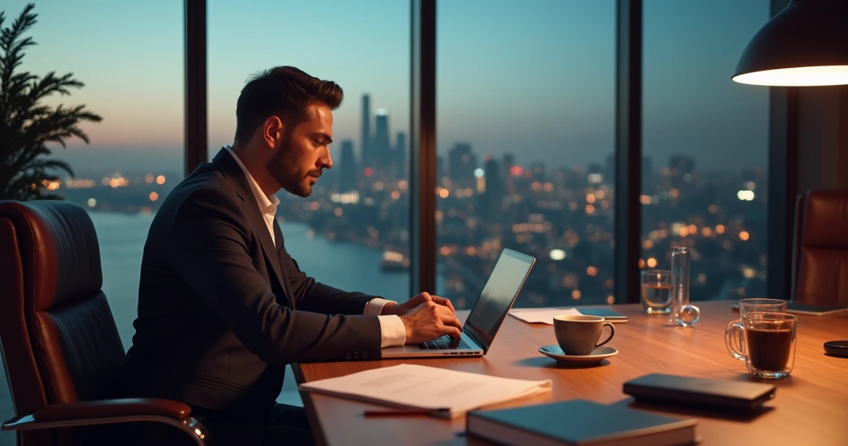 Homem executivo trabalhando em escritório moderno com expressão focada e ambiente sofisticado 