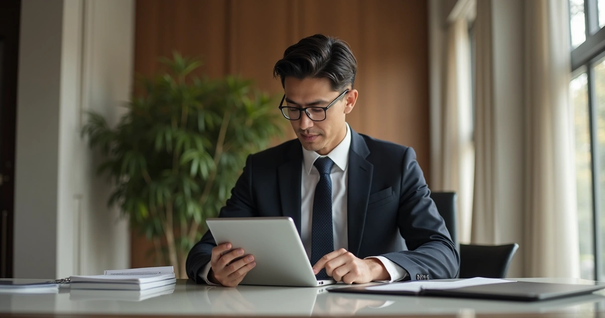 Homem executivo sentado à mesa de escritório moderno usando tablet, ambiente luxo, luz natural suave 