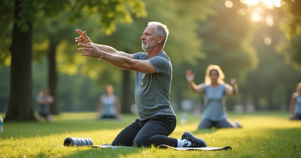 Homem adulto praticando exercícios físicos em parque ensolarado