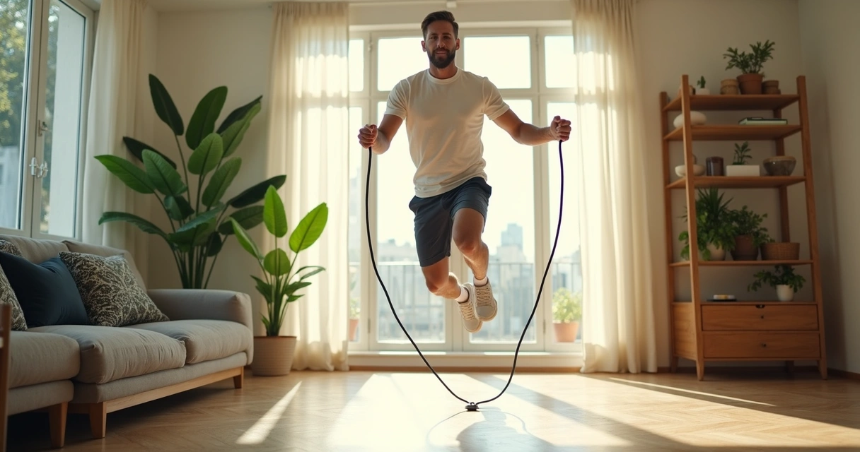 Homem fazendo exercícios físicos em casa, usando uma corda de pular 