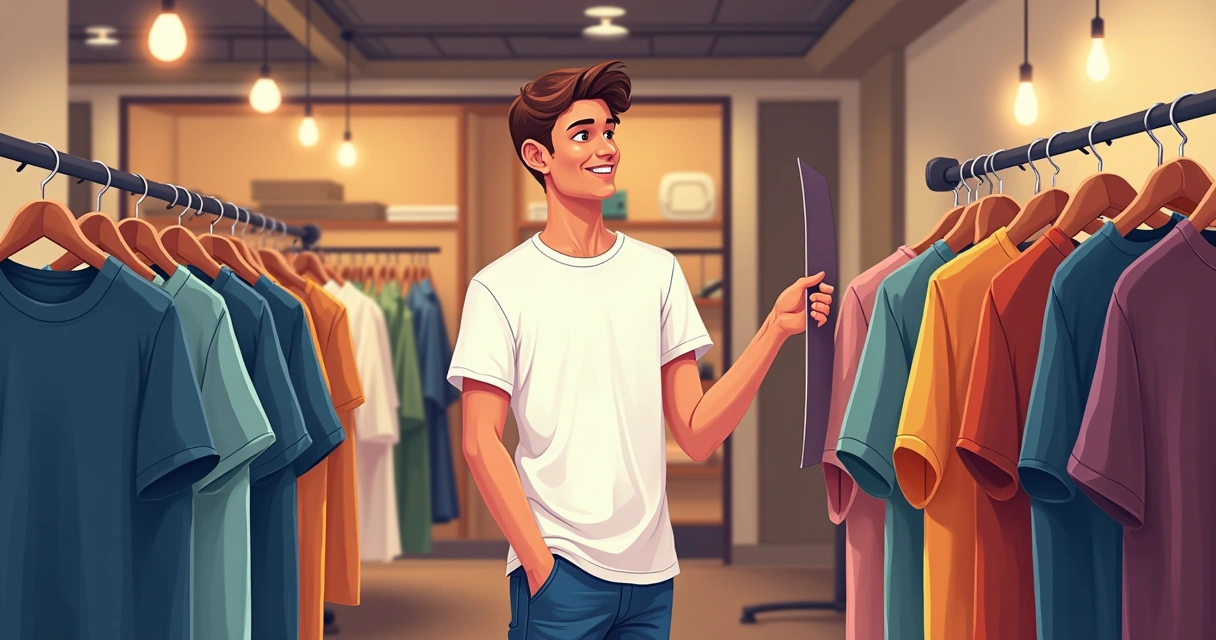 Homem experimentando camiseta masculina ajustada diante do espelho, com vários modelos e cores ao fundo.
