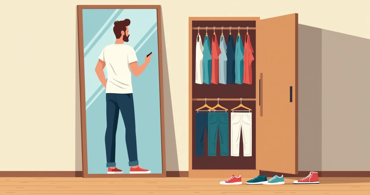 Homem experimentando diferentes combinações com camisetas básicas no espelho