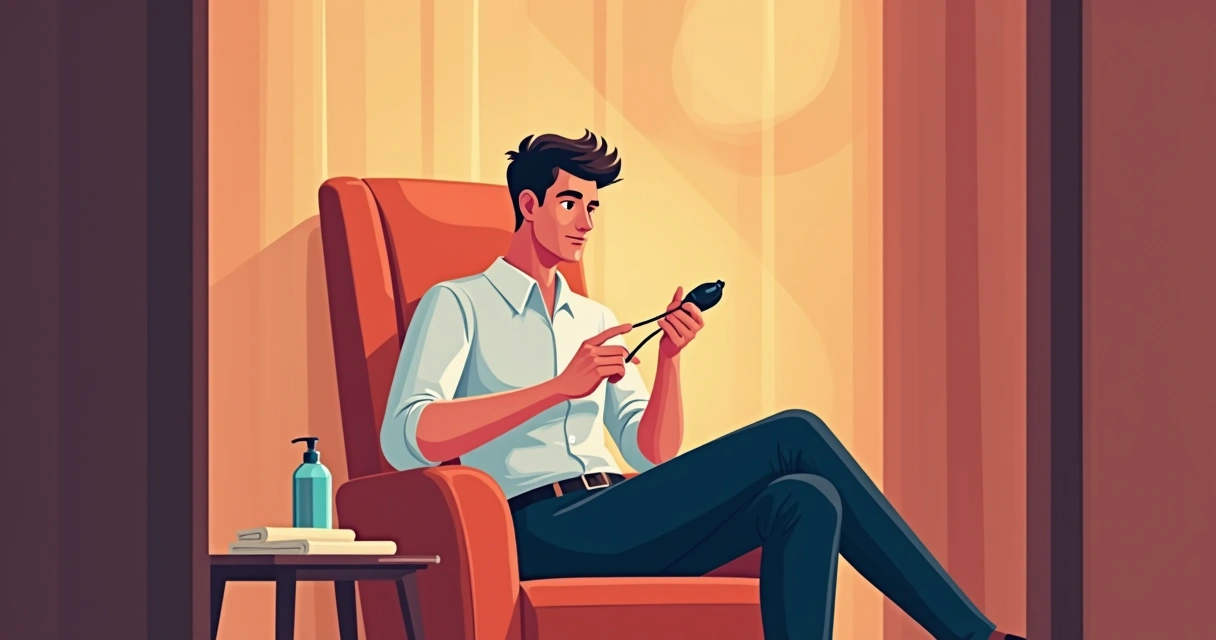 Homem segurando estimulador masculino sentado em poltrona em ambiente privado 