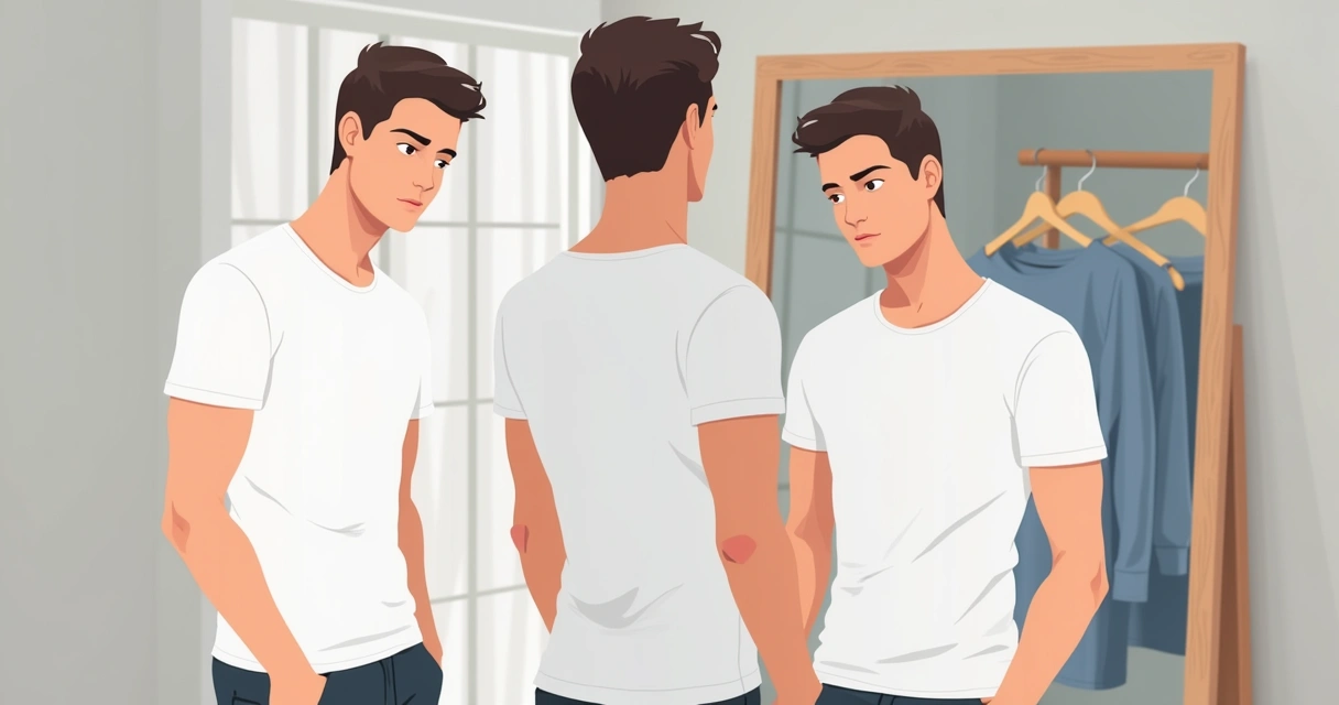 Homem experimentando uma camiseta frente ao espelho