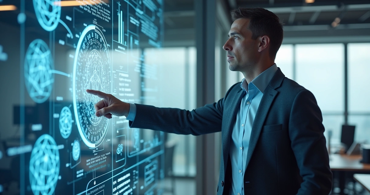 Homem explicando conceito de inteligência artificial com gráficos digitais em fundo de escritório moderno 