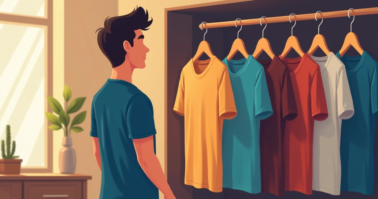Homem diante do espelho escolhendo camiseta com variedades de cortes 