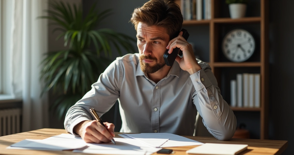 Homem sentado à mesa falando ao telefone com papel e caneta, aparentando preocupação 