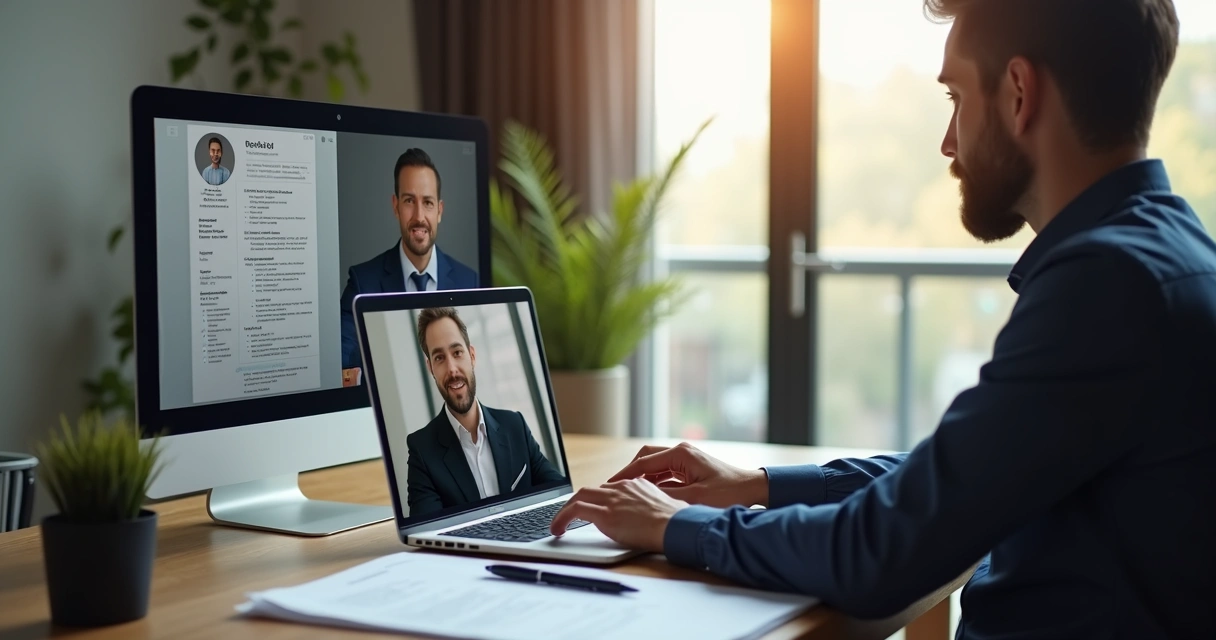 Homem em home office digitando no notebook e participando de entrevista online.