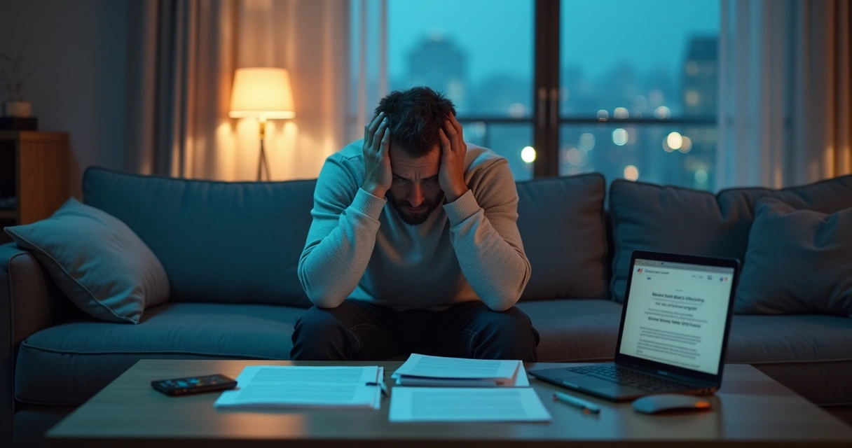 Homem sentado no sofá com expressão abatida segurando a cabeça e papéis de processo espalhados 