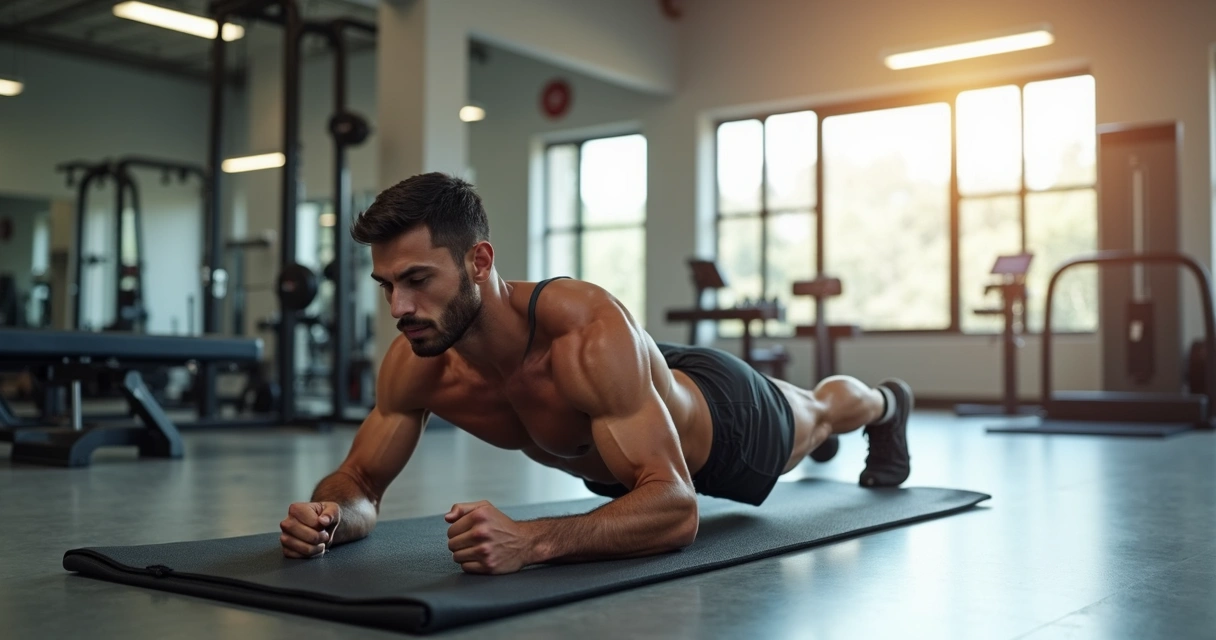Homem em academia fazendo abdominal no colchonete 