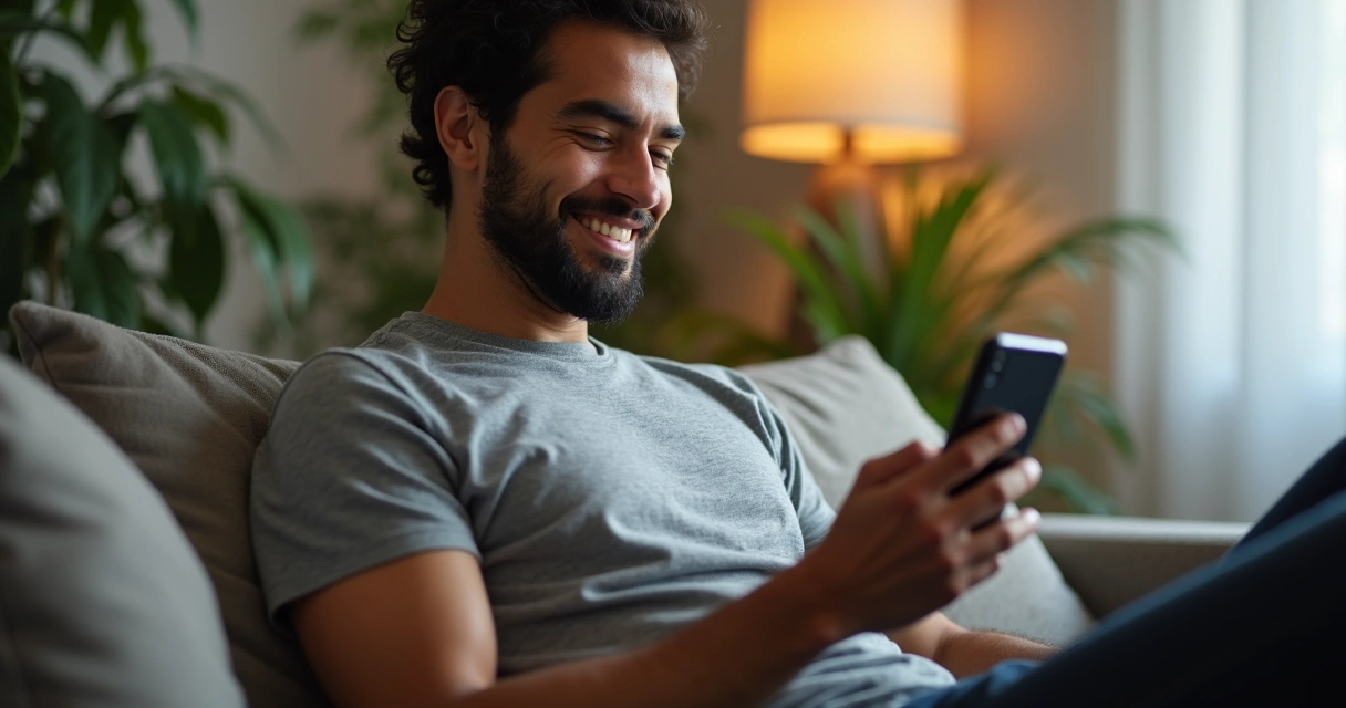 Homem gravando afirmações no celular sorrindo 