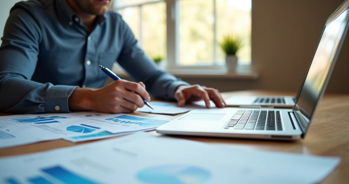 Homem sentado à mesa fazendo anotações em planilhas e documentos de trabalho 