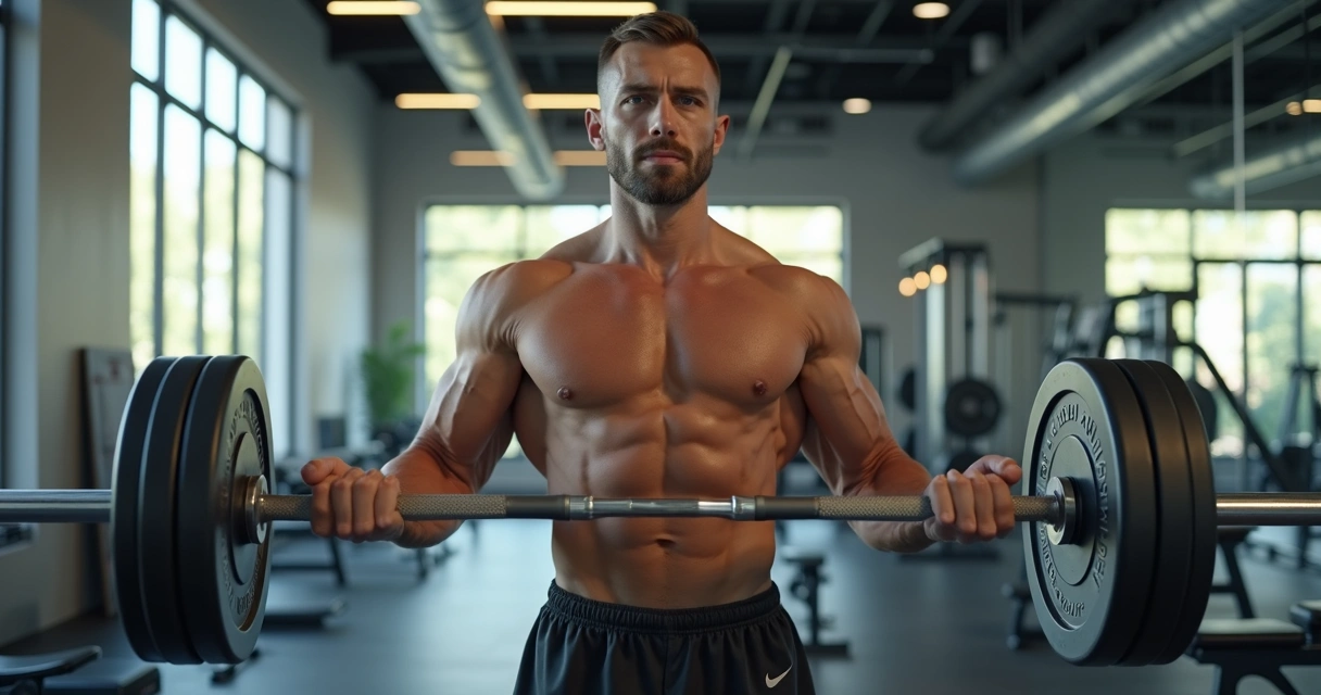 Homem realizando exercício de bíceps com barra reta em academia moderna e iluminada 