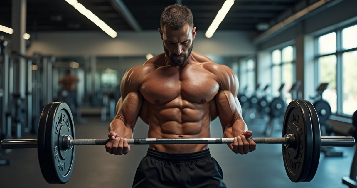 Homem realizando exercício de bíceps com barra em academia, postura correta, ambiente iluminado e equipamentos ao fundo 