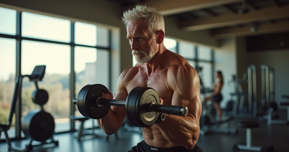 Homem adulto treinando musculação em academia com foco em exercício de resistência, ambiente sofisticado e iluminação natural 
