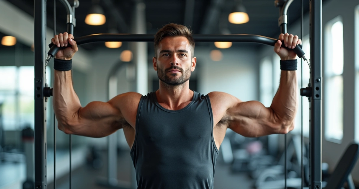 Homem adulto executando exercício para tríceps no aparelho de cabo na academia, destacando a musculatura do braço e postura correta, ambiente moderno e bem iluminado 