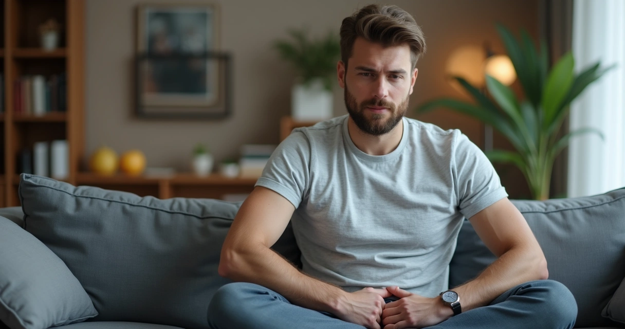 Homem sentado discretamente praticando exercício de kegel 