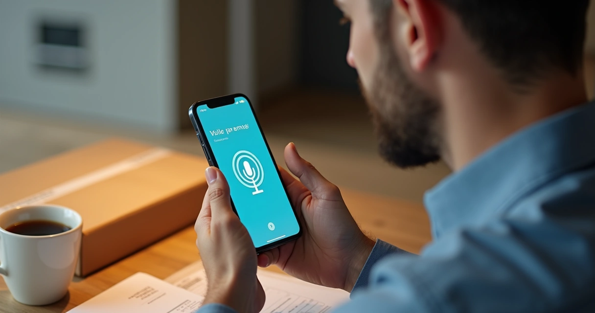 Homem usando comando de voz no smartphone para pagar compra online 