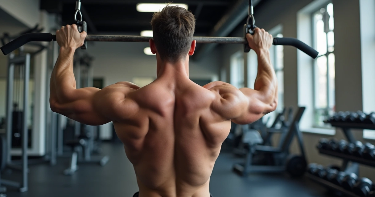 Homem executando exercício pulley frente com pegada pronada na academia, postura correta e musculatura dorsal evidente 