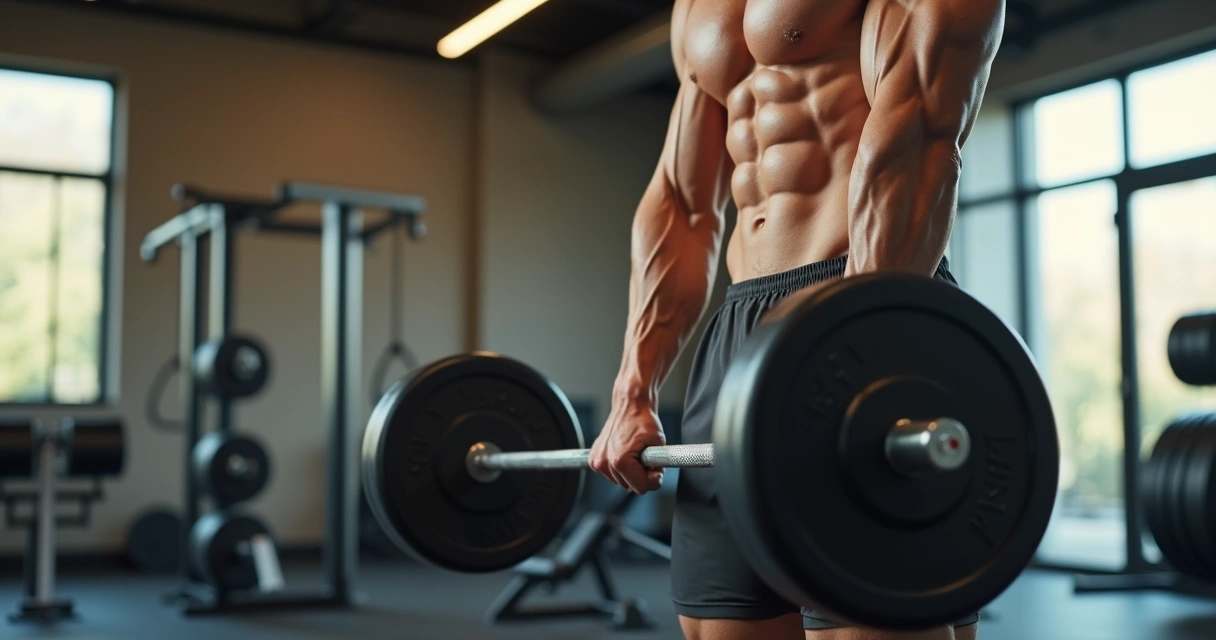 Homem realizando exercício de rosca direta com barra em academia com boa iluminação e detalhes musculares 
