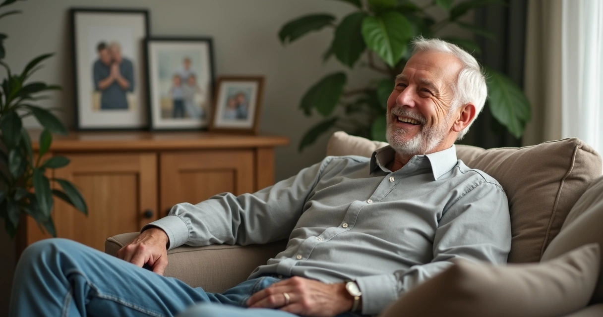 Homem sorridente em ambiente caseiro após sucesso no tratamento.