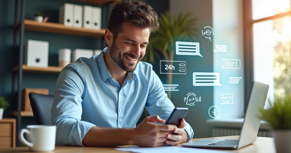 Homem com expressão feliz olhando para celular em ambiente de escritório moderno