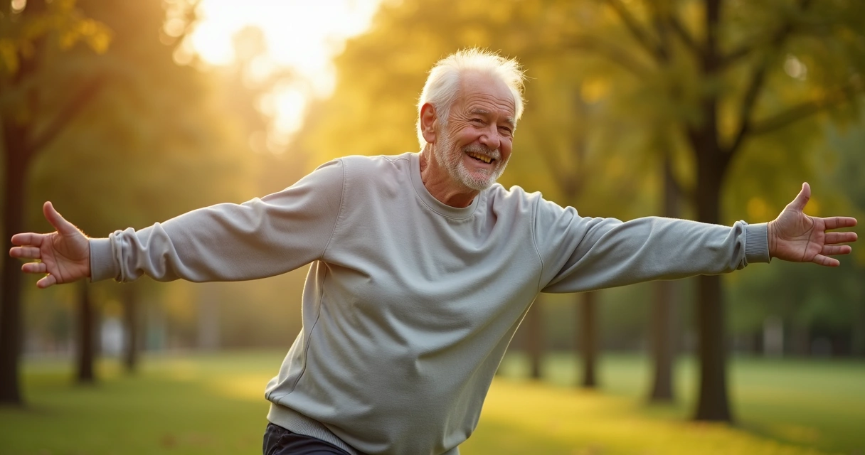 Homem idoso sorrindo praticando exercício ao ar livre 