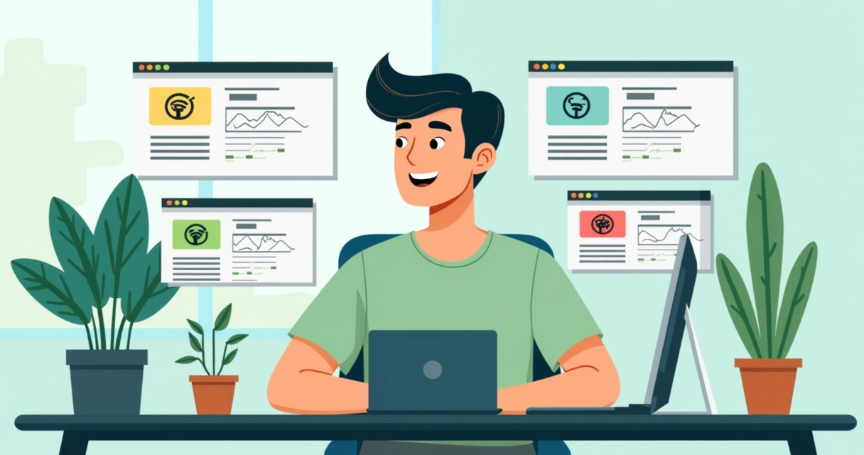 Homem sorrindo e gerenciando lojas online no computador 