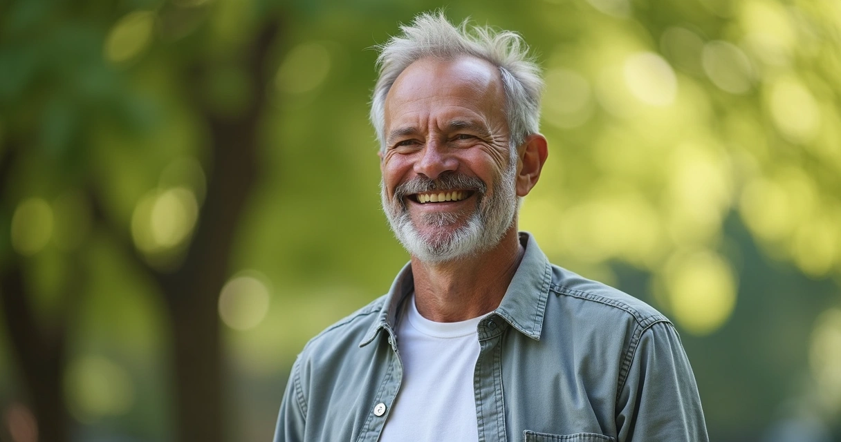 Homem sorrindo ao ar livre, expressão de alívio e felicidade 