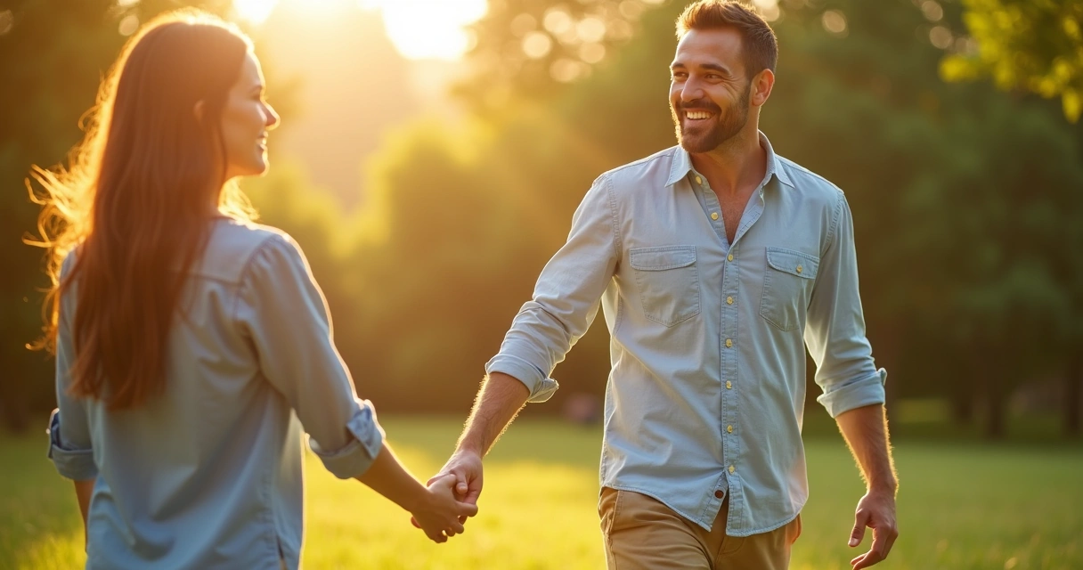 Homem sorridente de mãos dadas com parceira, cenário ensolarado.