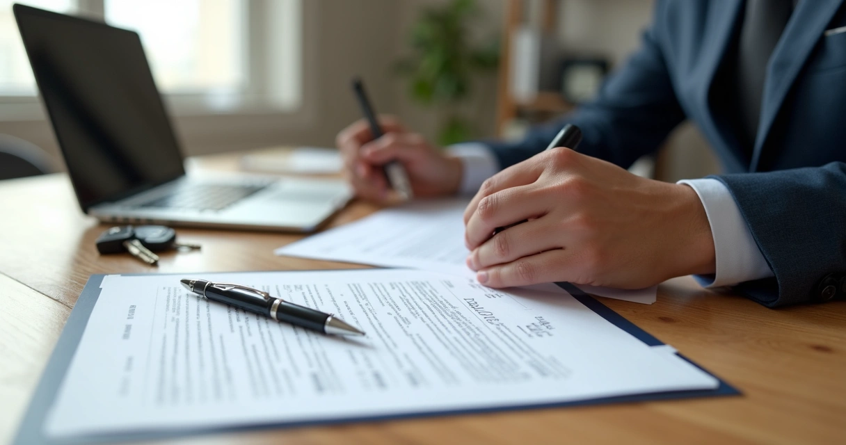 Pessoa segurando documentos para locação de imóvel em mesa de escritório 